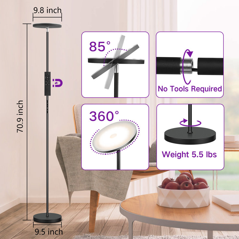 Lampe torchère DEL 68 po avec télécommande tactile et télécommande Jernell, Noir