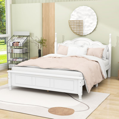 Vintage-Inspired Wooden Platform Bed with Unique Headboard