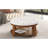 Large round ottoman coffee table | 2-tier button tufted design | wood shelf storage | waterproof linen upholstery | wheeled footrest