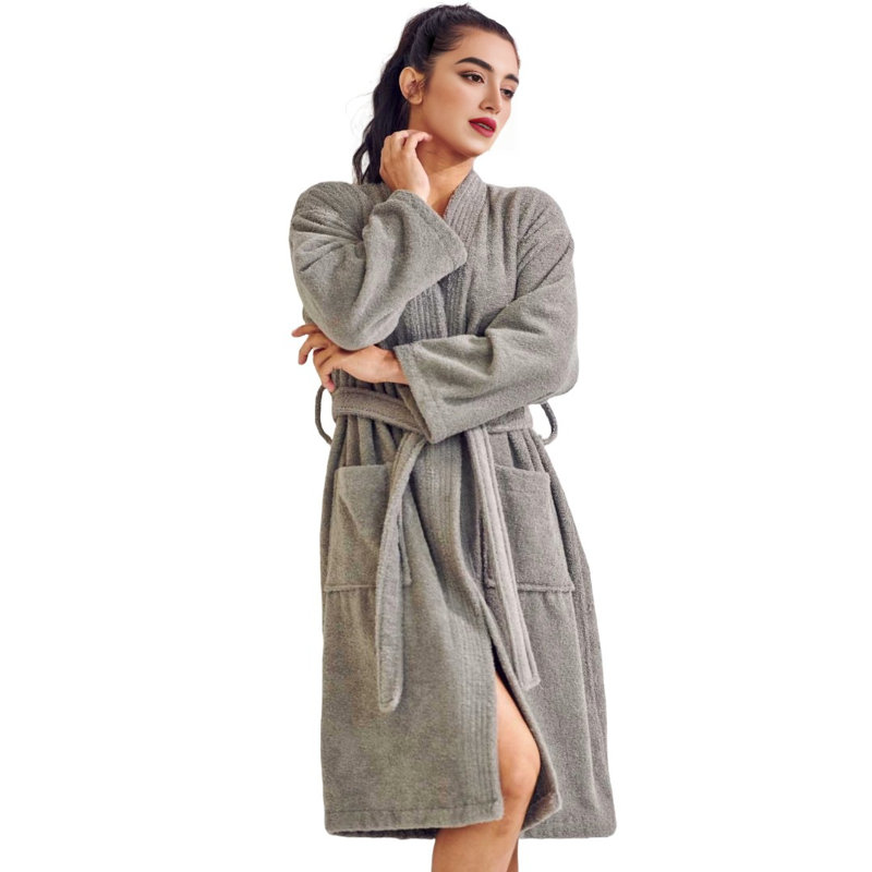 Peignoir mi-mollet 100% coton avec poches Ingobert, gris, Taille unique