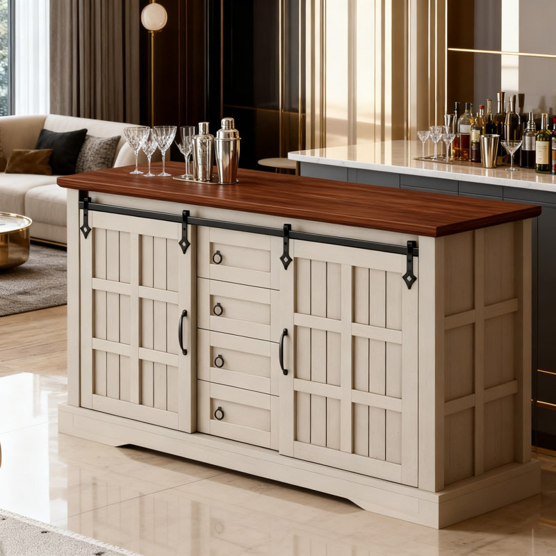 Buffet Farmhouse avec portes de grange coulissantes et 4 tiroirs, armoire de rangement 59 po pour cuisine, salon, couloir