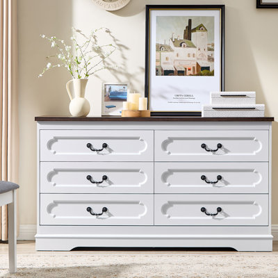 Farmhouse 55" W 6 Drawer Double Dresser for Bedroom, Rustic Tall Chest of Drawers for Bedroom