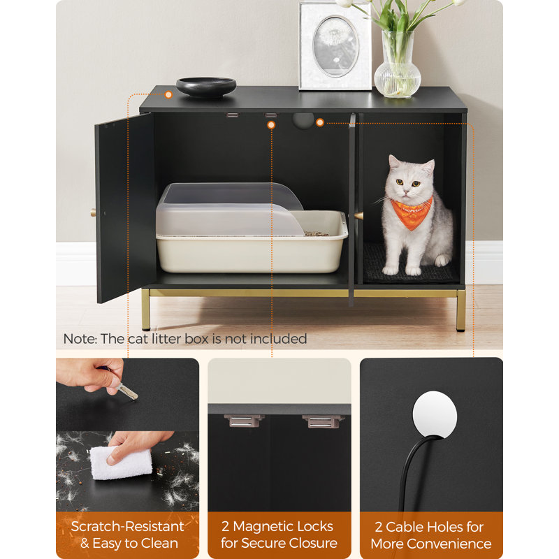 Black and Gold Modern Cat Litter Box Enclosure with Scratching Mat