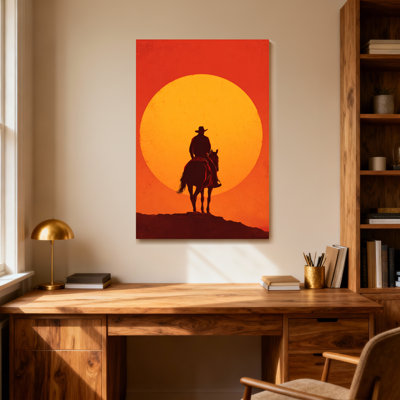 «Landscape & Nature Silhouette Cowboy Horse Sunset», reproduction d'art sur fond orange