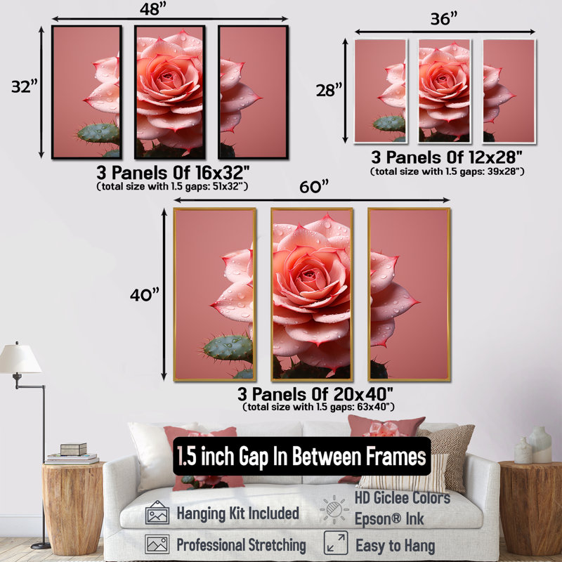 Cactus Rose Resilience I - Ensemble de décoration murale cactus floral, Cadre flottant noir, H 32 po x l 48 po x P 1 po