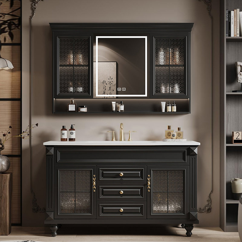 Armoire de salle de bain rétro française, H 33,5 po x l 63 po x P 21,7 po, Noir