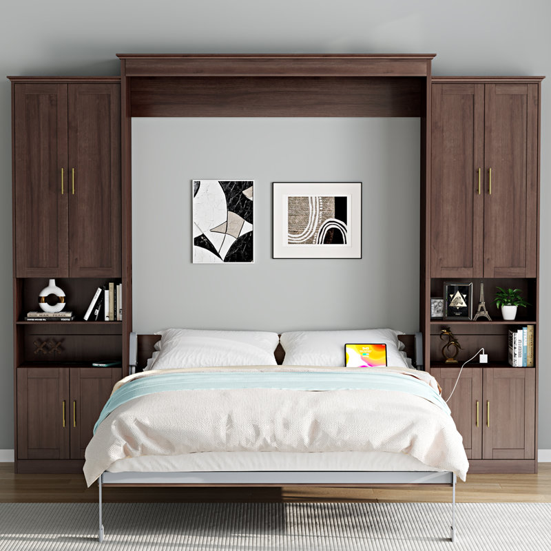 Murphy Bed With Storage Cabinet Shelves, Queen Wall Bed And USB Port, Queen, Walnut