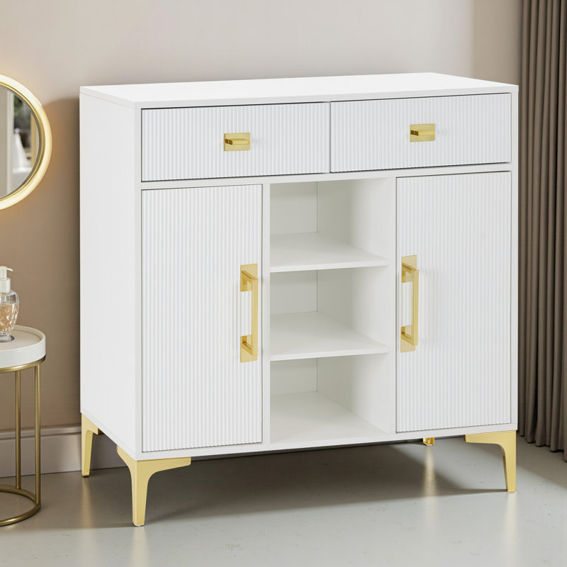 Fluted Accent Cabinet with 2 Drawers, Open Shelves & 2 Adjustable Cabinet Space, White