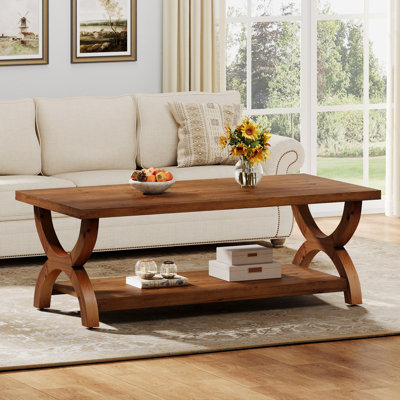 Solid Wood Coffee Table With Storage, Rectangle Center Tea Table For Living Room