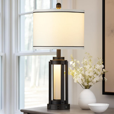 26" Modern Table Lamp With USB A+C Charging Ports & AC Outlet, Industrial LED Night Light With Shade For Living Room Bedroom Nightstand, Includes 2 Bulbs