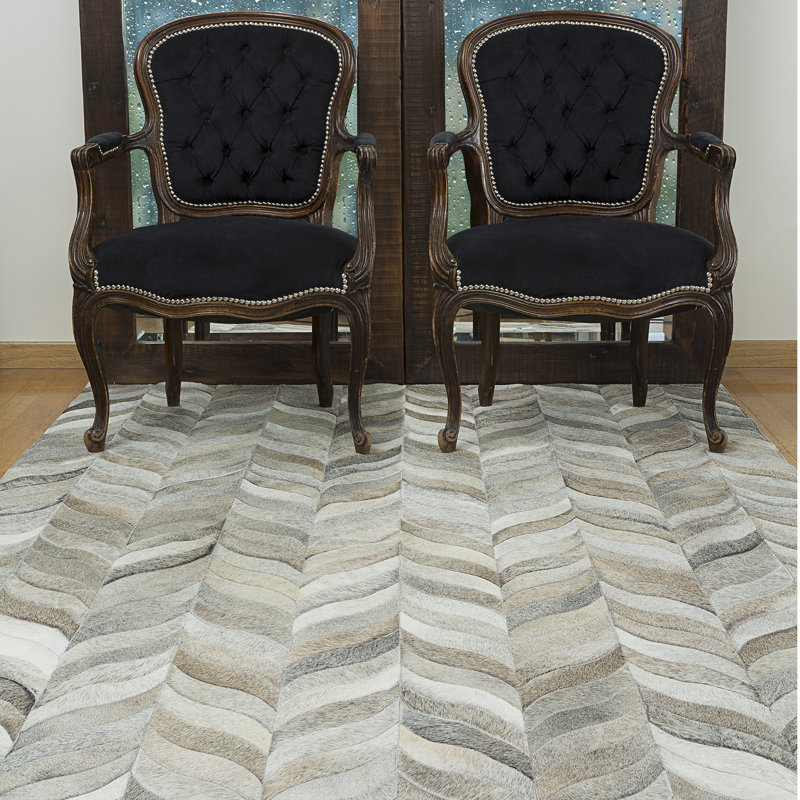 Ceres Cowhide Chevron Area Rug, Rectangle 9' x 12', Mink/Beige/Gray