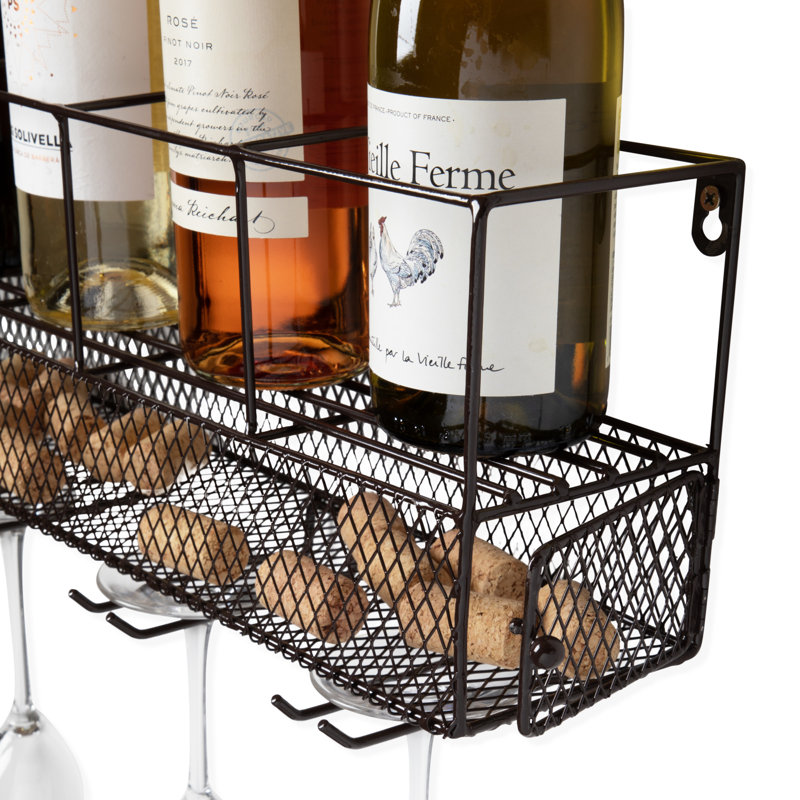 Black Wall Mounted Wire Wine Shelf with Cork Cage