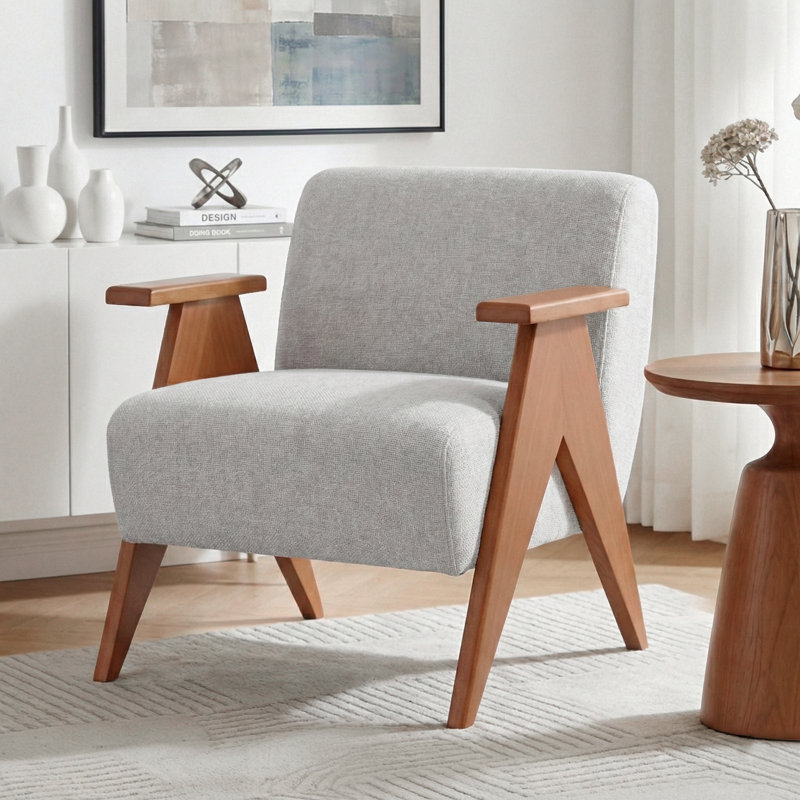 28"W Upholstered Arm Chair with Wood Legs, Gray