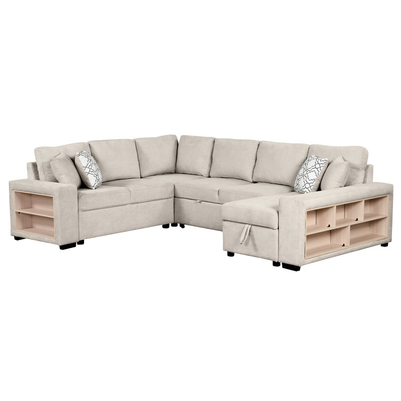 109" Sectional With Ports, Hidden Storage & Beige Seat Cushions U-shaped Bed Chaise Back Pillows,
