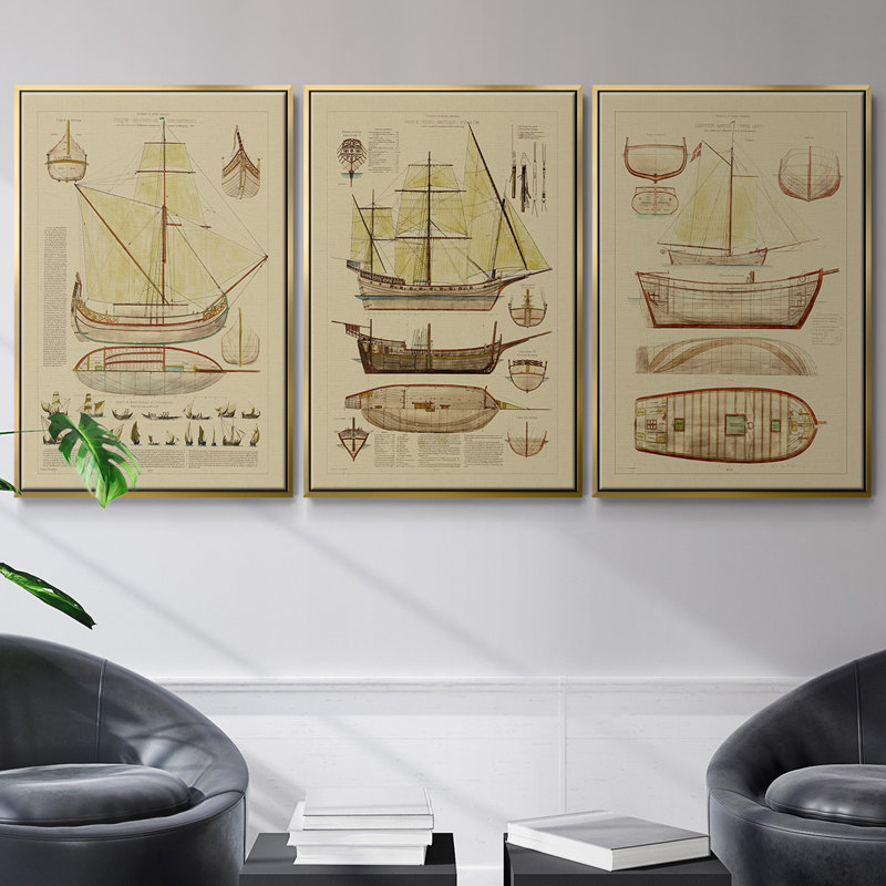 Antique Ship Plan I 3 pièces, Or, H 27 po x l 54 po