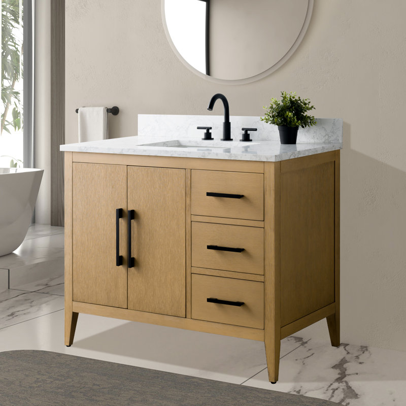 Meuble-lavabo simple 42 po avec plateau en marbre, Noir mat, Chêne naturel