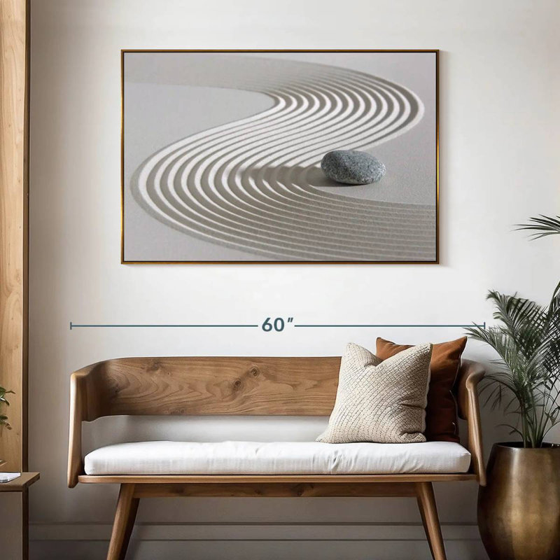 Pierre zen sur sable, 46 po x 31 po, Cadre flottant doré