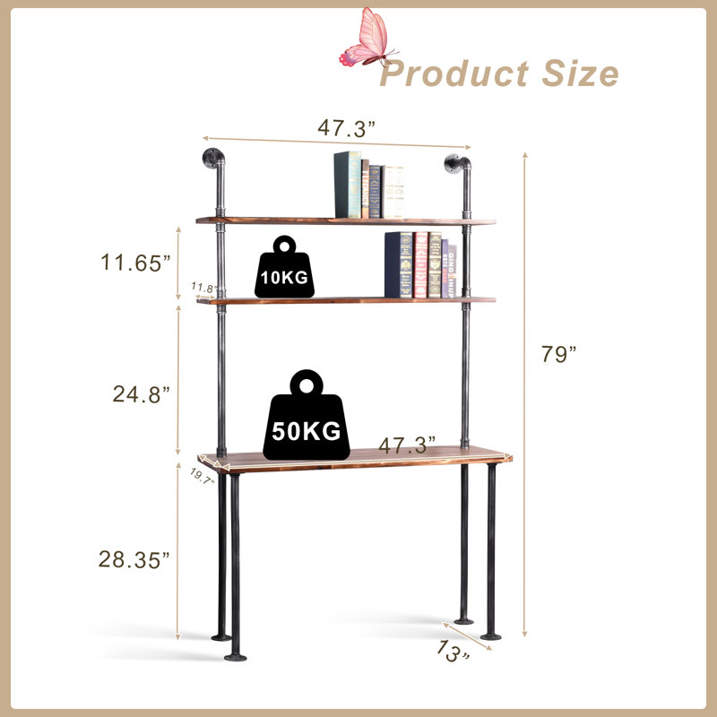 79-Inch Industrial Laptop Desk Solid Wood Computer Desk Wall Pipe Desk With Shelves Computer Table For Home Office (L:47.3-Inch)