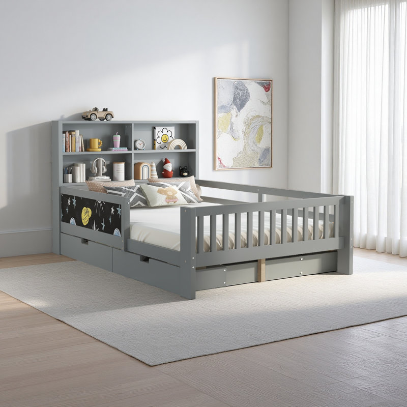 Lit plateforme en bois massif avec tiroirs et tablettes de rangement, amusant et peu encombrant, Lit double, Espresso