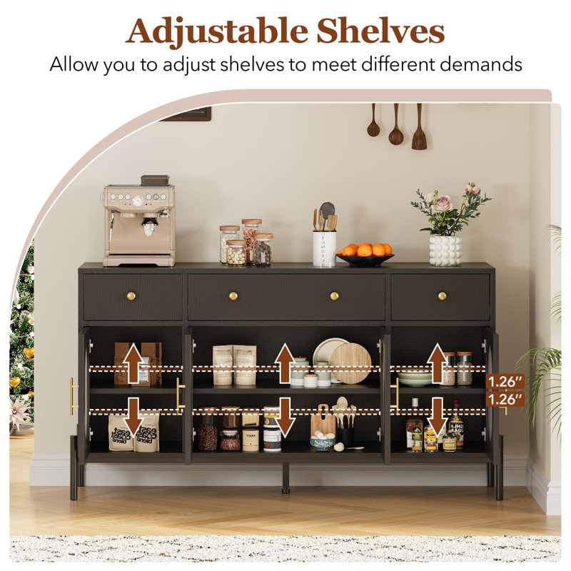 Buffet 62 "avec 3 tiroirs et 4 portes en verre, Noir