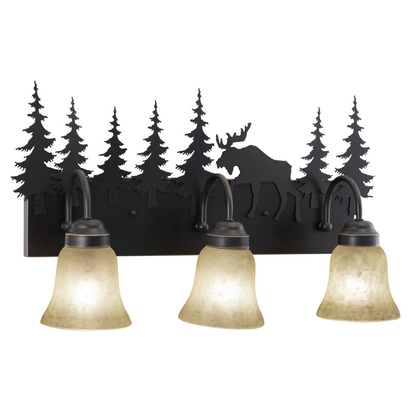 Homar 3-Light 24.75 inch Wide Burnished Bronze Rustic Bathroom Vanity Lighting Fixture, Amber Flake Glass Shade, Moose, Trees, Dimmable LED Compatible Over the Mirror Mounted Wall Sconce