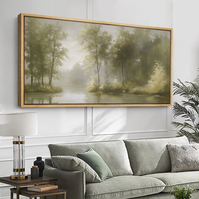Serene River and Forest Scene Large Framed Canvas Print Wall Art - Tranquil Nature Decor