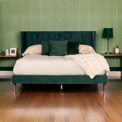 Dury Platform Bed, Green Velvet Upholstery, Tufted Wingback