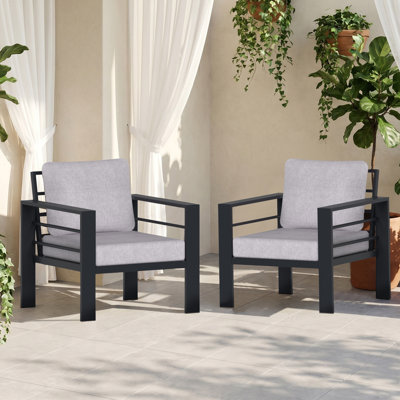 Fauteuil de patio extérieur en aluminium de 30,71 po de largeur avec coussins, ensemble de conversation moderne toutes saisons pour cour (ensemble de 2, coussin gris clair)