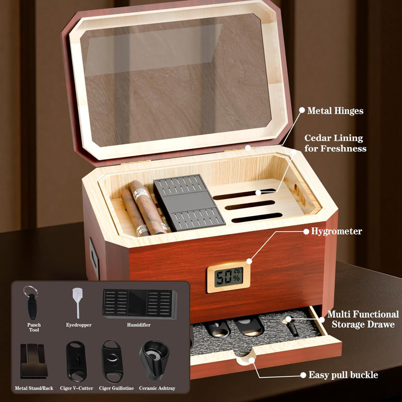 Cendrier cigare de qualité supérieure, grande capacité (50 à 80 cigares) avec hygromètre numérique, humidificateur et 5 accessoires gratuits, surface peinte par pulvérisation pour le rangement des cigares