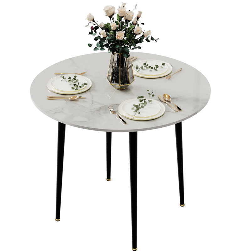 Anglica Round Stone Top Metal Base Dining Table, White