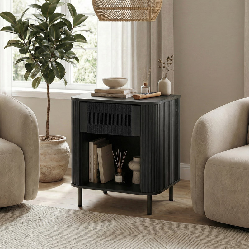 Cord End Table with Storage Drawer and Open Shelf Nightstand for Living Room, Bedroom, Black