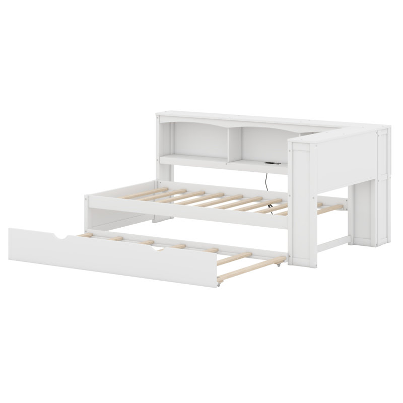 Daybed With Trundle, Shelves And USB Ports, White
