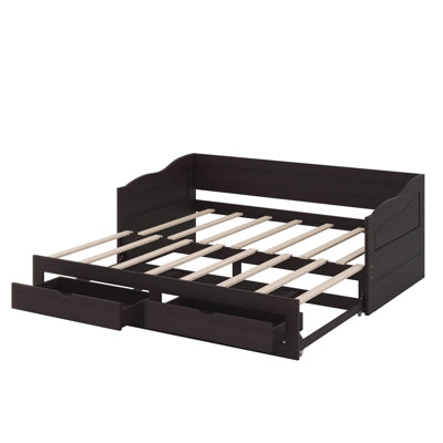 Wooden Twin Daybed With Pull-Out Trundle And Dual Storage Drawers, Expandable Daybed Frame