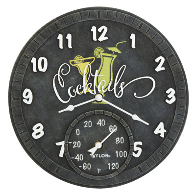 14" Poly Resin Clock W/Thermometer-Cocktail Design