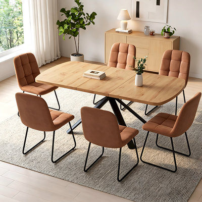 Costner 7 Piece Retangular Dining Set, Oak Finish Table And Upholstered Chairs