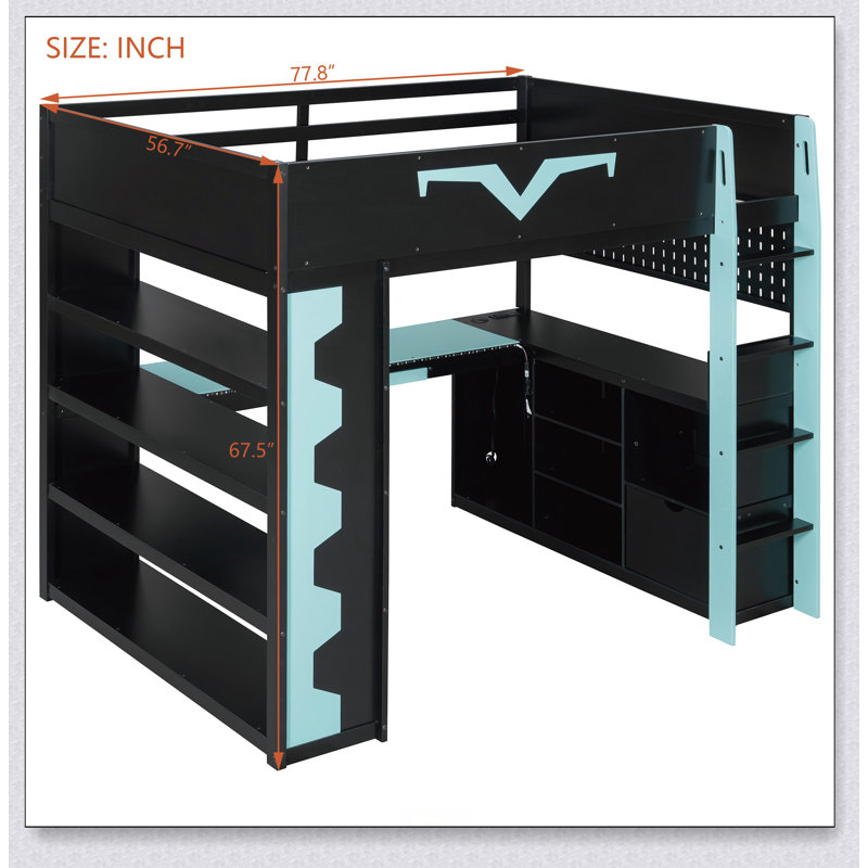Gaming Loft Bed With Integrated Desk & RGB LED Lights, Pro-Gamer Bed With Power Outlet, Large Bookshelf, Pegboard, Keyboard Tray & Storage Drawer, 3 Colors Available