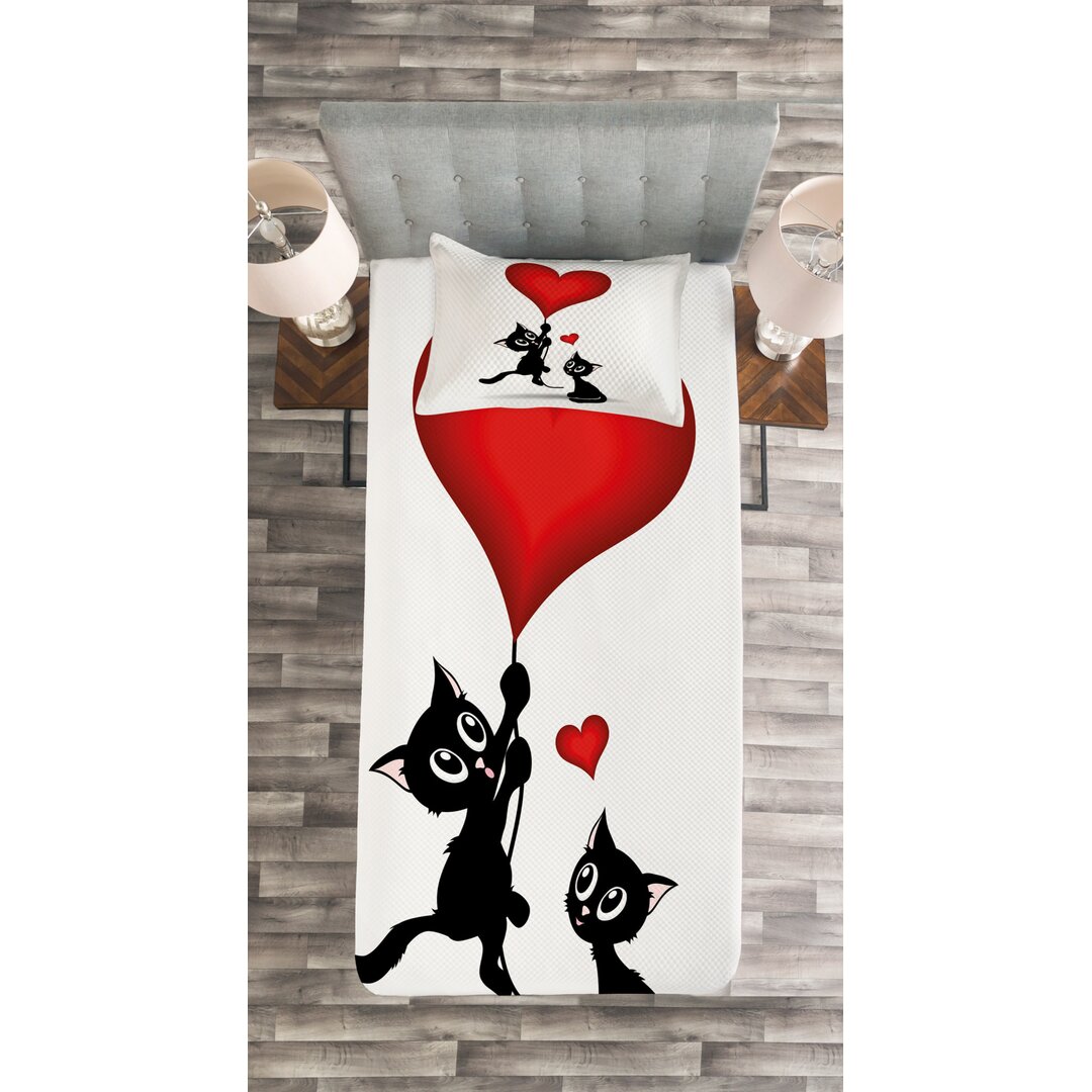 Tagesdecke Set, Baby-Katzen-Ballone, Valentines, Vermilion Schwarz