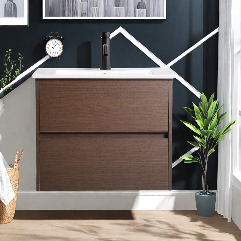 Meuble-lavabo moderne peu encombrant, finition noyer noir