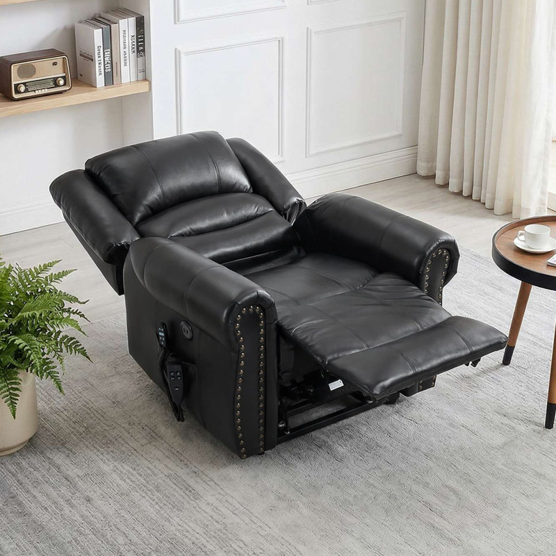 Aura 40" W Dual Motor Power Lift Recliner Infinite Position With Heat And Massage, Black Genuine Leather