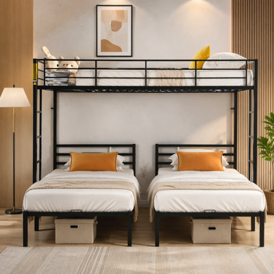 Full Over Twin Over Twin Bunk Bed ,Triple Bunk Bed With a vertical ladder, Metal Frame Bunk Bed with Safety Rail, Full Over Twin Over Twin Triple Bunk