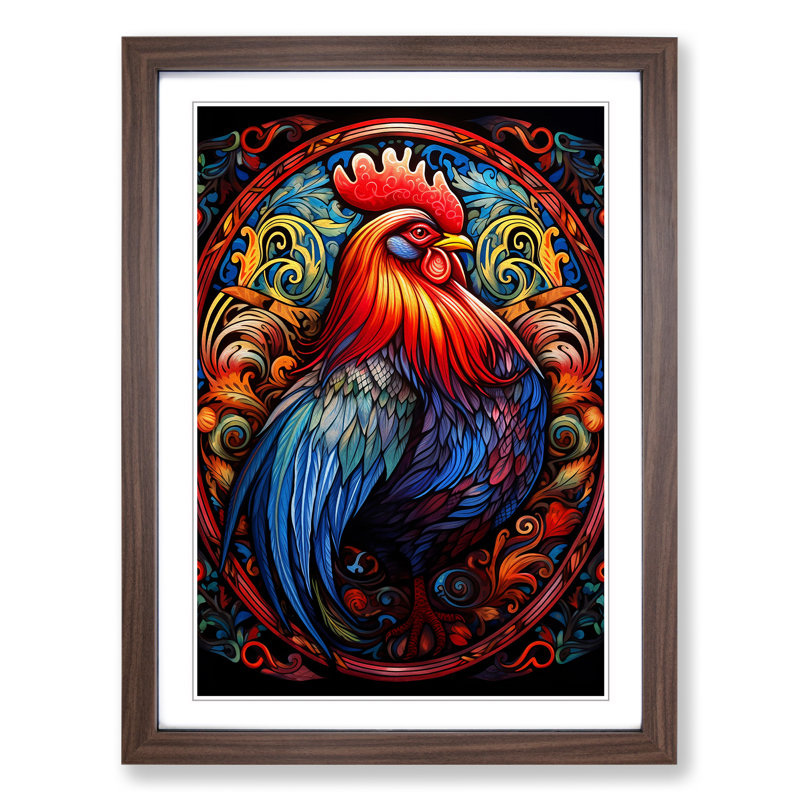 Rooster Symbolism - Single Picture Frame Print on Wood, 64cm H x 46cm W x 2cm D, Walnut