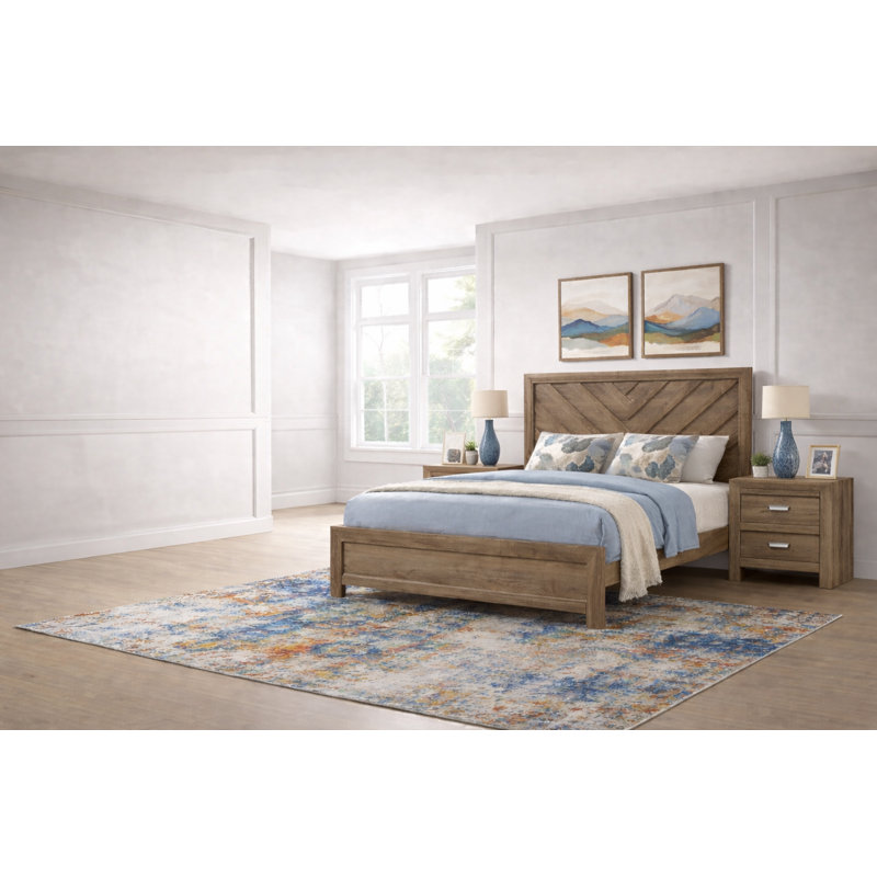 Ensemble de chambre à coucher à panneau moderne avec finition brun clair, 3 pièces, Très grand lit