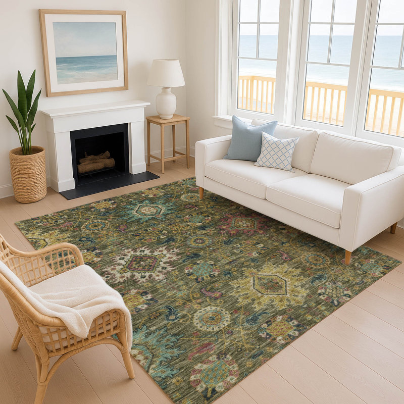 Premium Machine Washable Mayfield AMF2151 medallions Rug, Rectangle 3' x 5', Olive