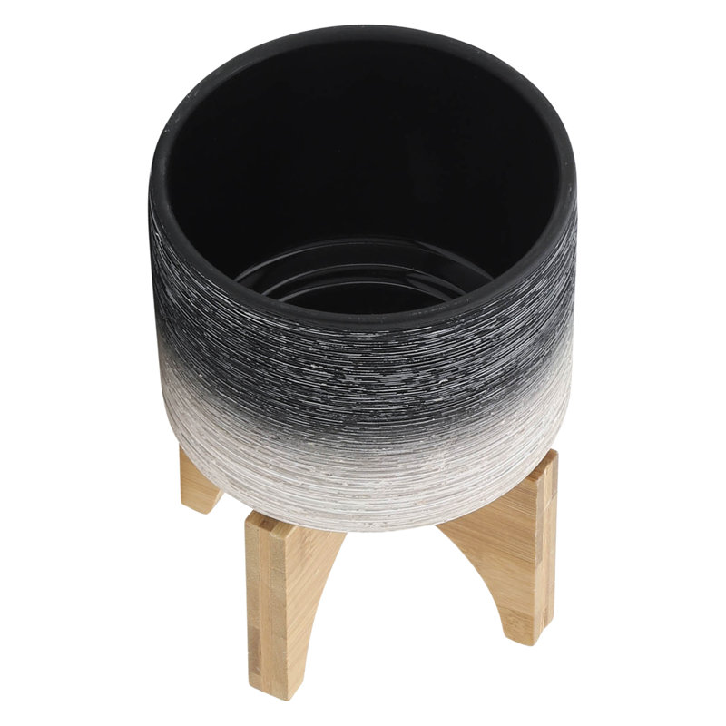 Pot à fleurs en céramique avec drain, gris sur support en bois 5 po