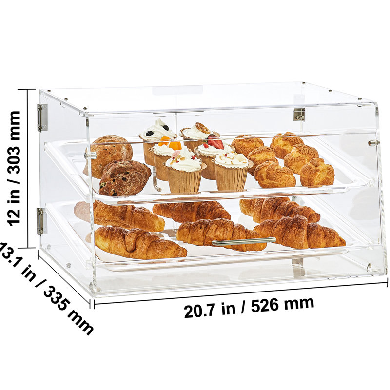 Présentoir à pâtisserie en acrylique transparent à 2 niveaux avec porte arrière et tablettes amovibles, idéal pour exposer des pâtisseries et autres pâtisseries, utilisé dans de multiples espaces de vente au détail