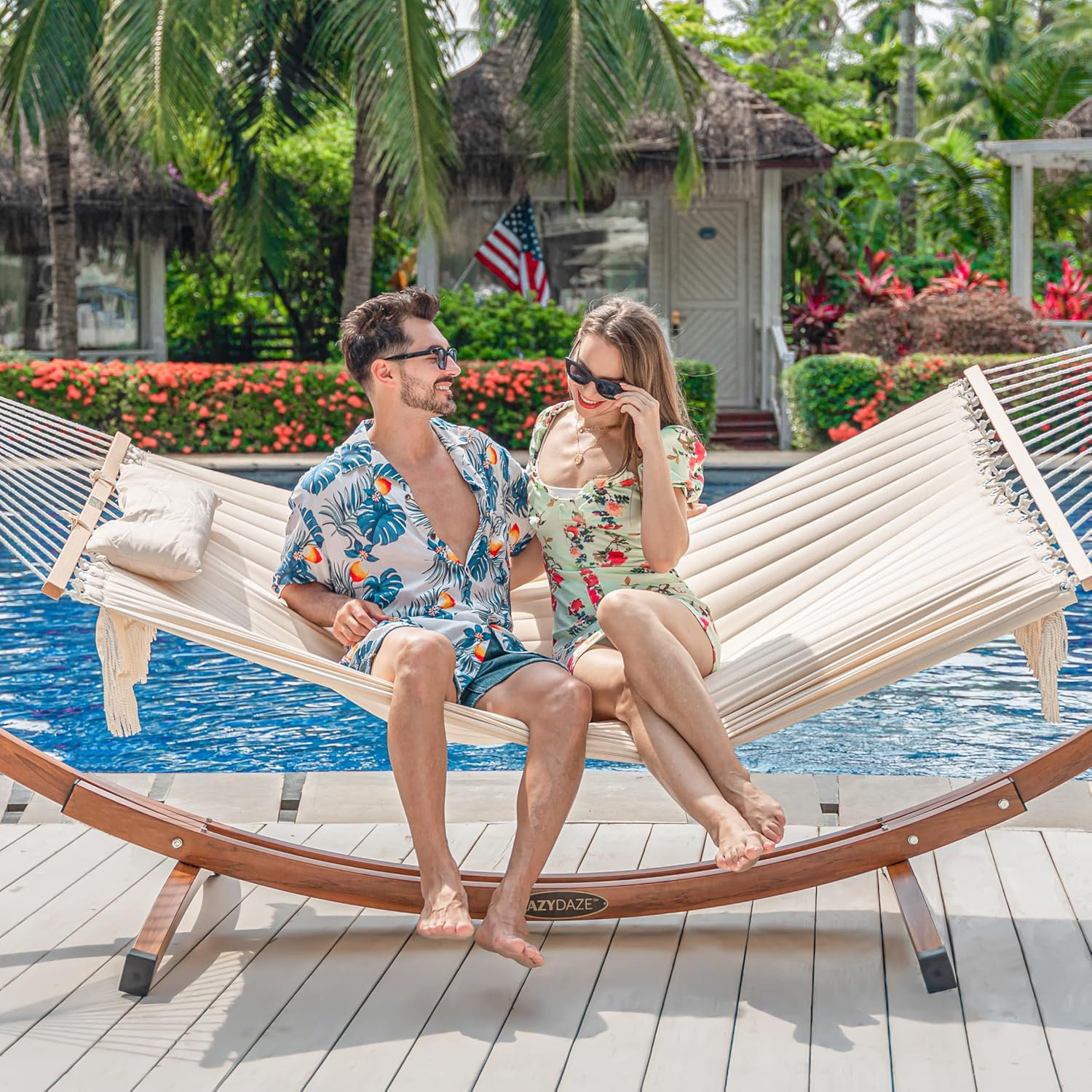 Arlmont & Co. 12 FT Double Quilted Fabric Hammock With Hardwood Spreader Bar, Tassels, Soft Pillow, Chains, 2 Person Hammock For Outside Patio Backyard Poolside, 450 LBS Weight Capacity, Cream | Wayfair