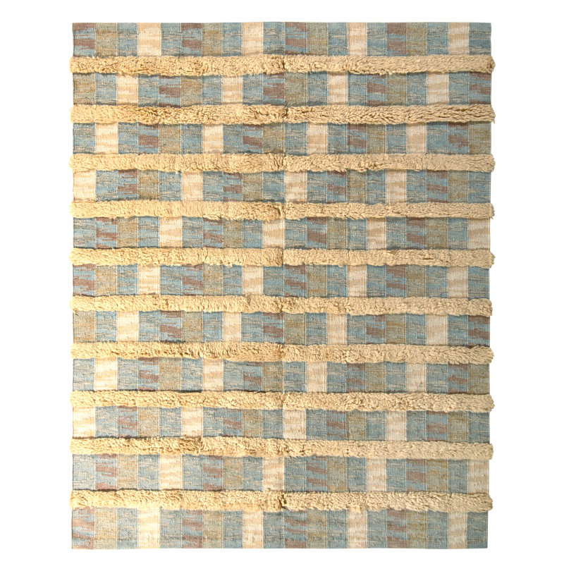 Rug & Kilim’S Scandinavian Rug With High-And-Low Stripes In Beige And Blue, Rectangle 5' x 8'