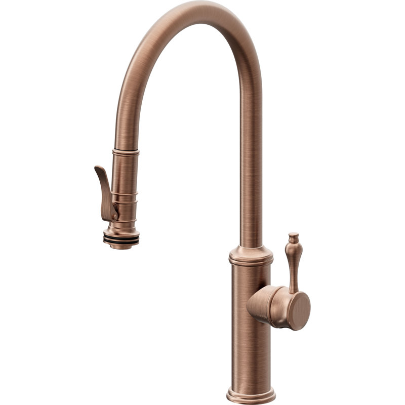 Davoli Pull-Down Kitchen Faucet with Squeeze Sprayer - High Arc Spout, Antique Copper Flat, Modern Lever