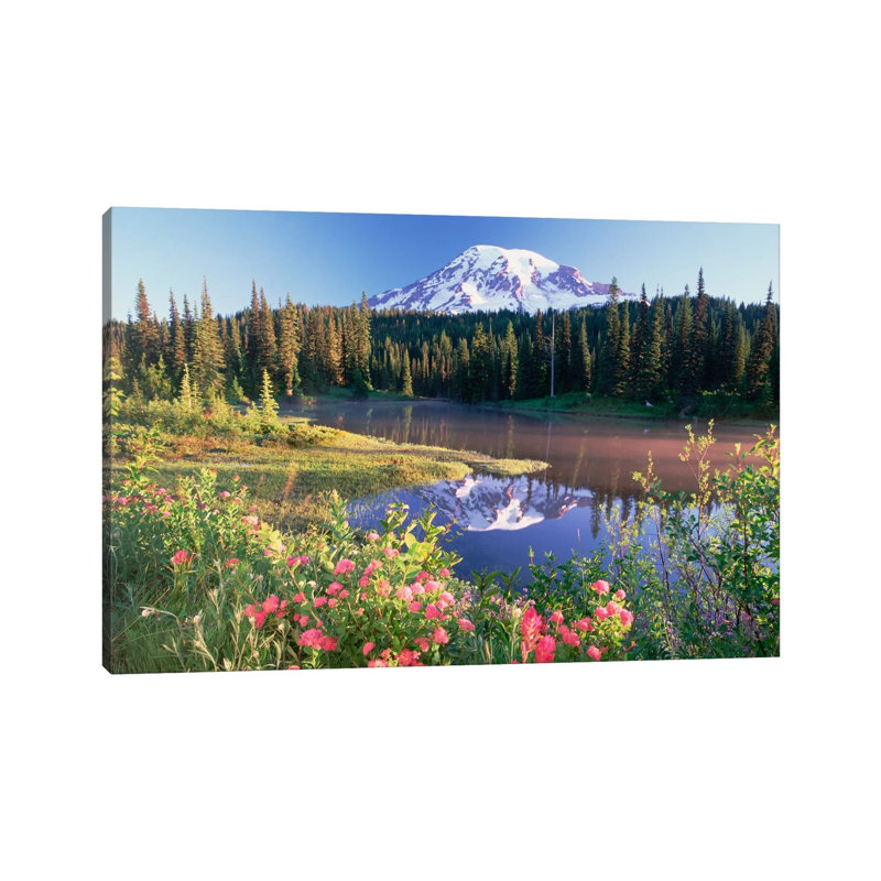 Mt Rainier And Wildflowers At Reflection Lake, Mt Rainier National Park, Washington by Tim Fitzharris - Wrapped Canvas Print