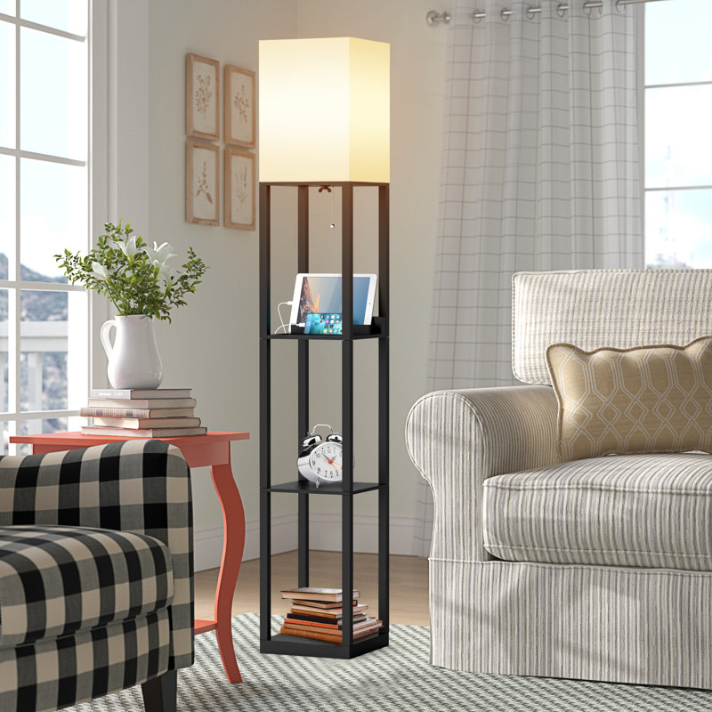 Lampe sur pied colonne Vax avec tablettes, bois massif, ports USB et ampoule incluse, Blanc
